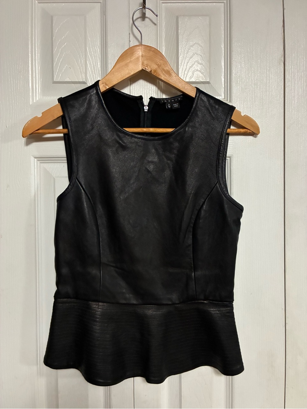 Theory Black Faux Leather Peplum Top